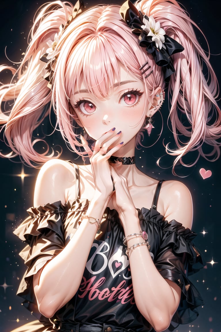 (masterpiece),,(best quality), 1girl, solo, long hair, looking at viewer, blush, simple background, shirt, hair ornament, bare shoulders, twintails, jewelry, collarbone, upper body, pink hair, heart, choker, hairclip, hand up, pink eyes, off shoulder, nail polish, collar, bracelet, black shirt, piercing, ring, black background, ear piercing, pink nails, multicolored eyes, covering mouth, off-shoulder shirt, multicolored nails, nail art sneakers,High detailed ,masterpiece