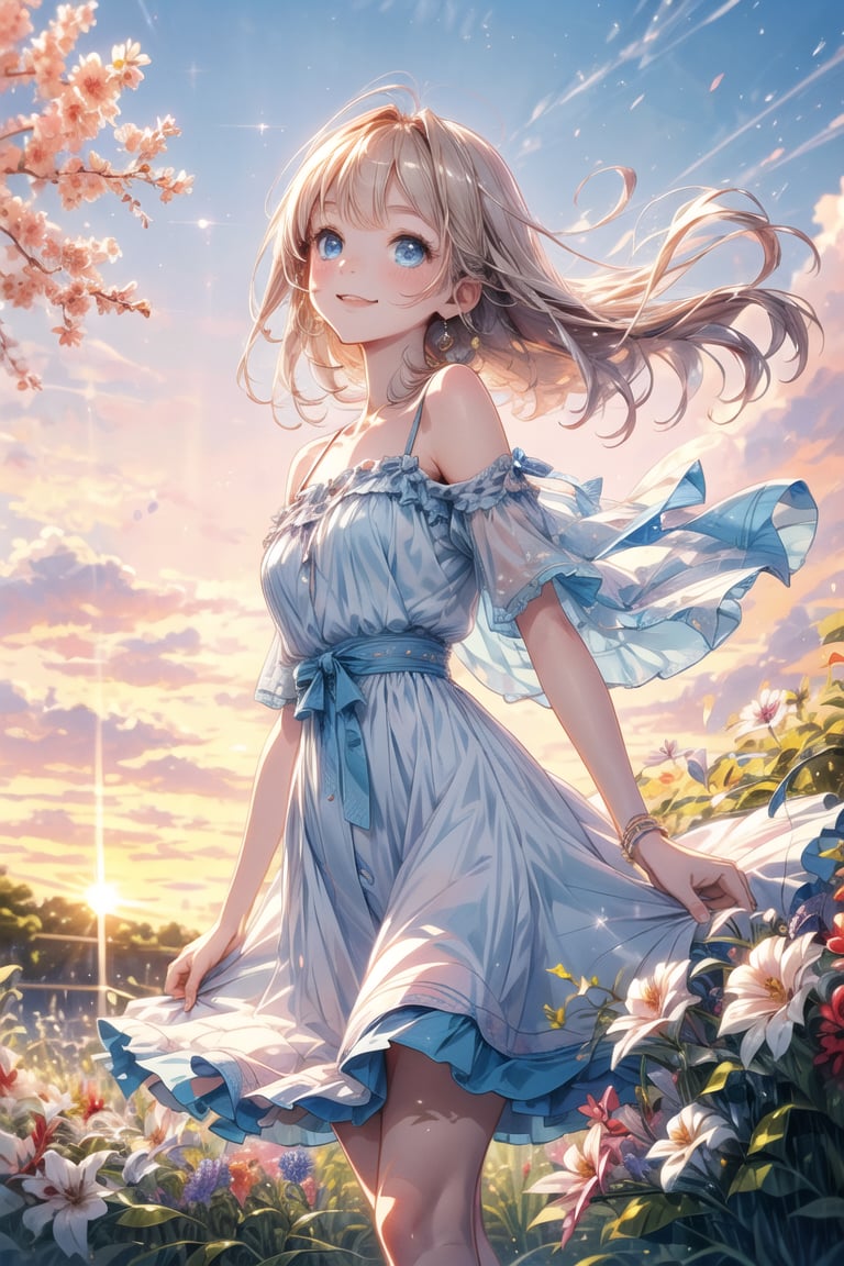 A dreamy girl in a sundress is looking up at the sky while walking through a field of wildflowers with a gentle breeze at sunset. Watercolor illustration, anime her style portrait of a teenage girl with sparkling blue eyes and a gentle smile,one girl