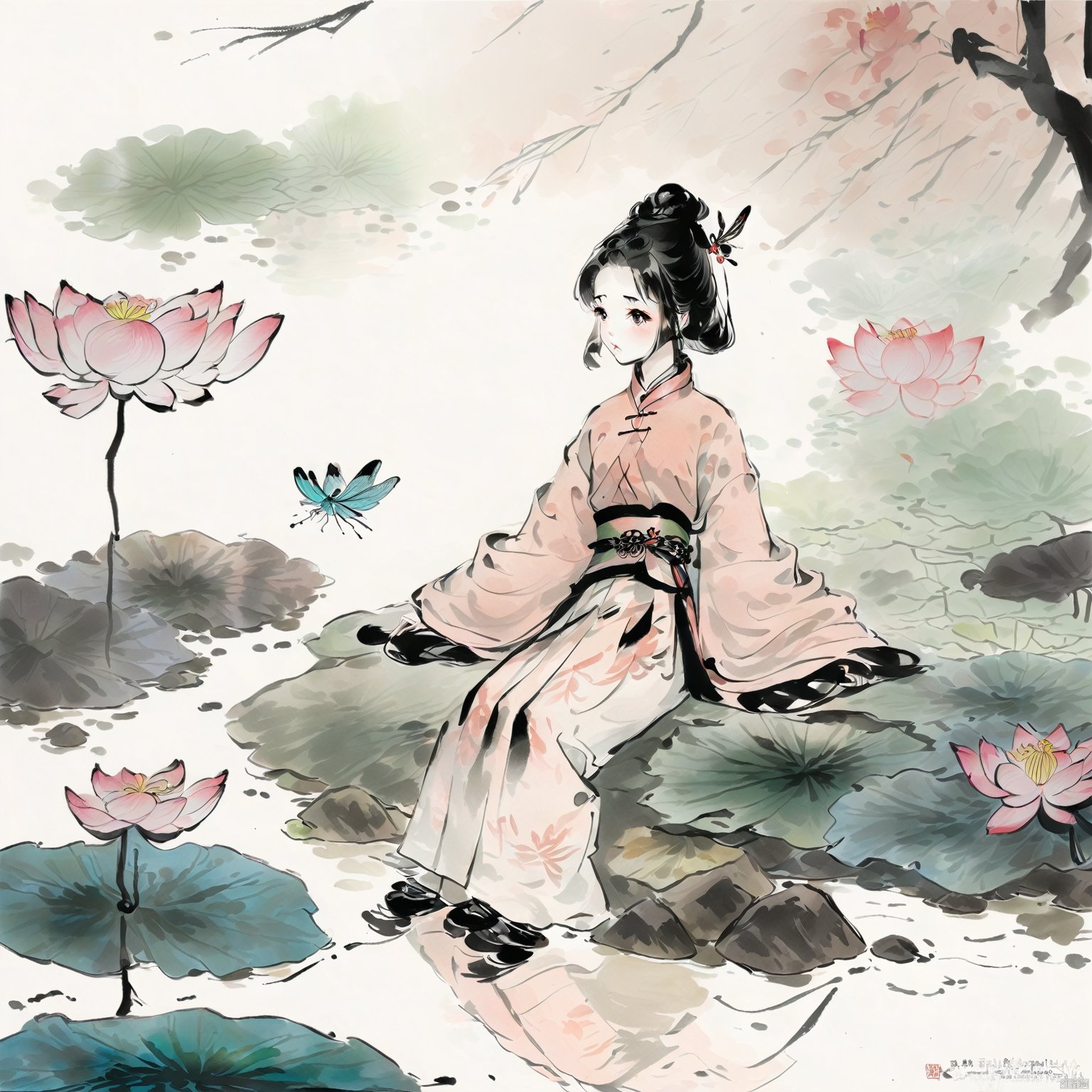 A girl, black hair, long sleeves, shut up, sitting on a rock, tree, belt, Chinese Hanfu, Bun, Dragonfly, butterfly, nature, forest, reflection, Lily, lotus, pond, traditional Chinese ink painting,荷塘月色