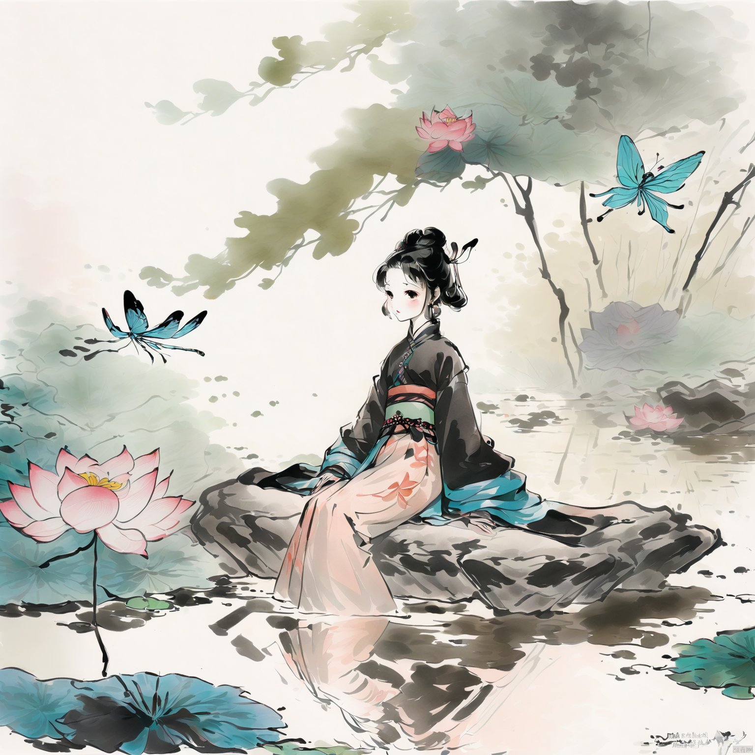 A girl, black hair, long sleeves, shut up, sitting on a rock, tree, belt, Chinese Hanfu, Bun, Dragonfly, butterfly, nature, forest, reflection, Lily, lotus, pond, traditional Chinese ink painting,荷塘月色