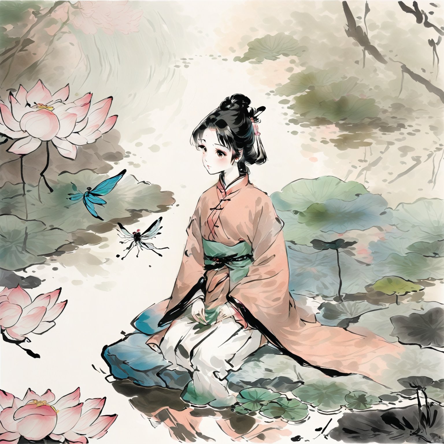 A girl, black hair, long sleeves, shut up, sitting on a rock, tree, belt, Chinese Hanfu, Bun, Dragonfly, butterfly, nature, forest, reflection, Lily, lotus, pond, traditional Chinese ink painting,荷塘月色