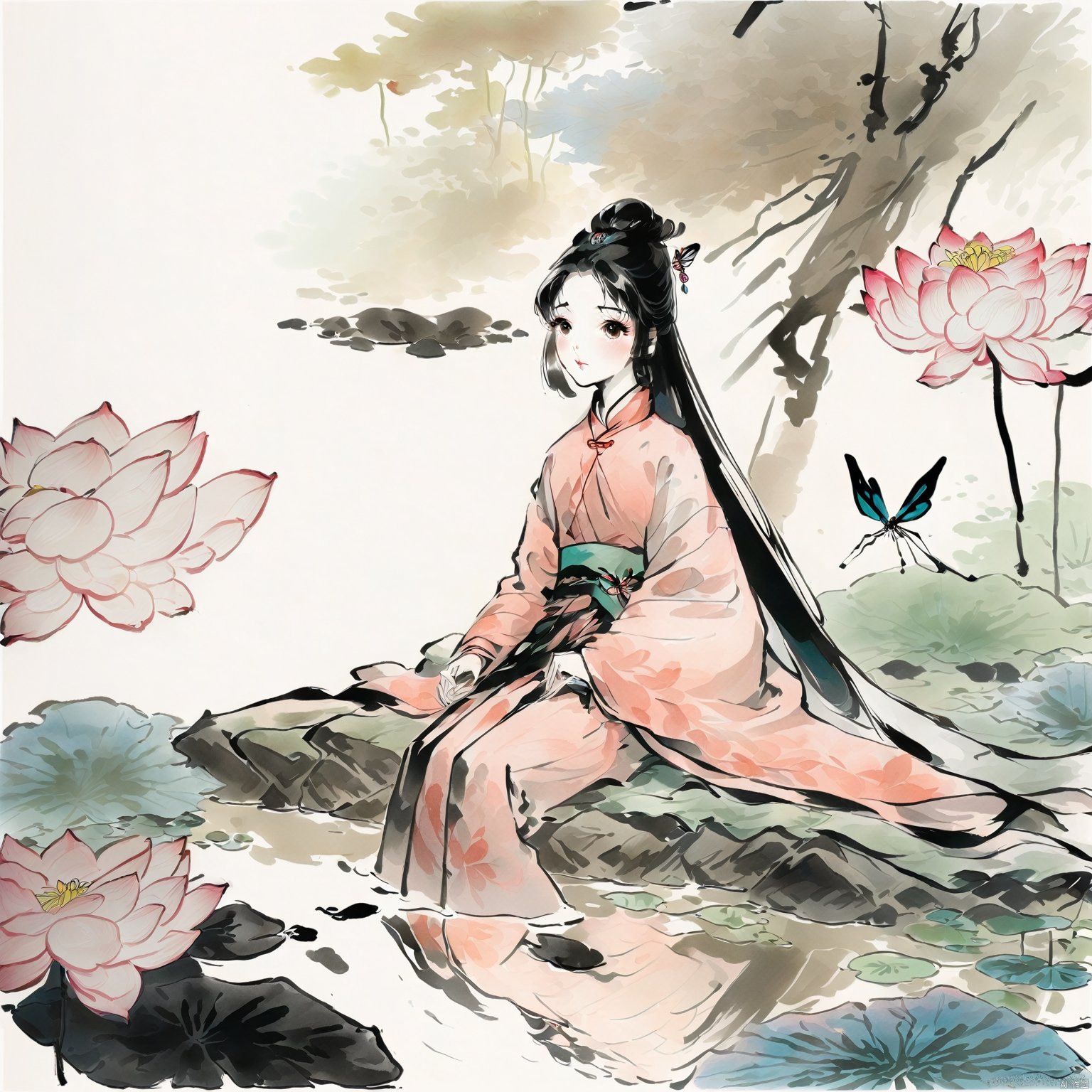 A girl, black hair, long sleeves, shut up, sitting on a rock, tree, belt, Chinese Hanfu, Bun, Dragonfly, butterfly, nature, forest, reflection, Lily, lotus, pond, traditional Chinese ink painting,荷塘月色