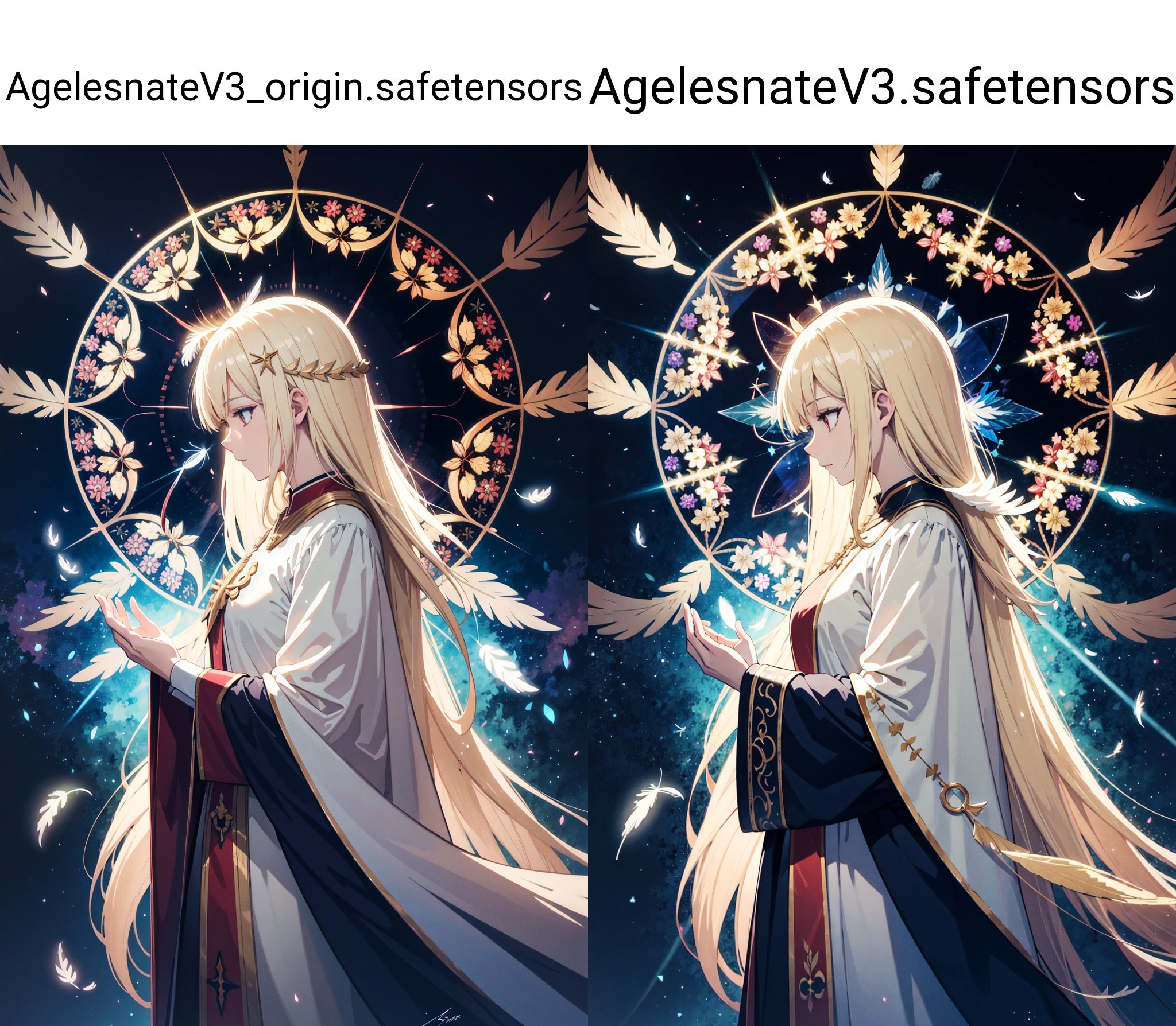 absurdres, highres, (official art, beautiful and aesthetic:1.2), ultra detail, side view,beautiful person,  long hair, blond hair, saintly woman,sacred garment, seraph, seraph six wing,cathedral, kaleidoscope,light effects, divine effects, feather effects,