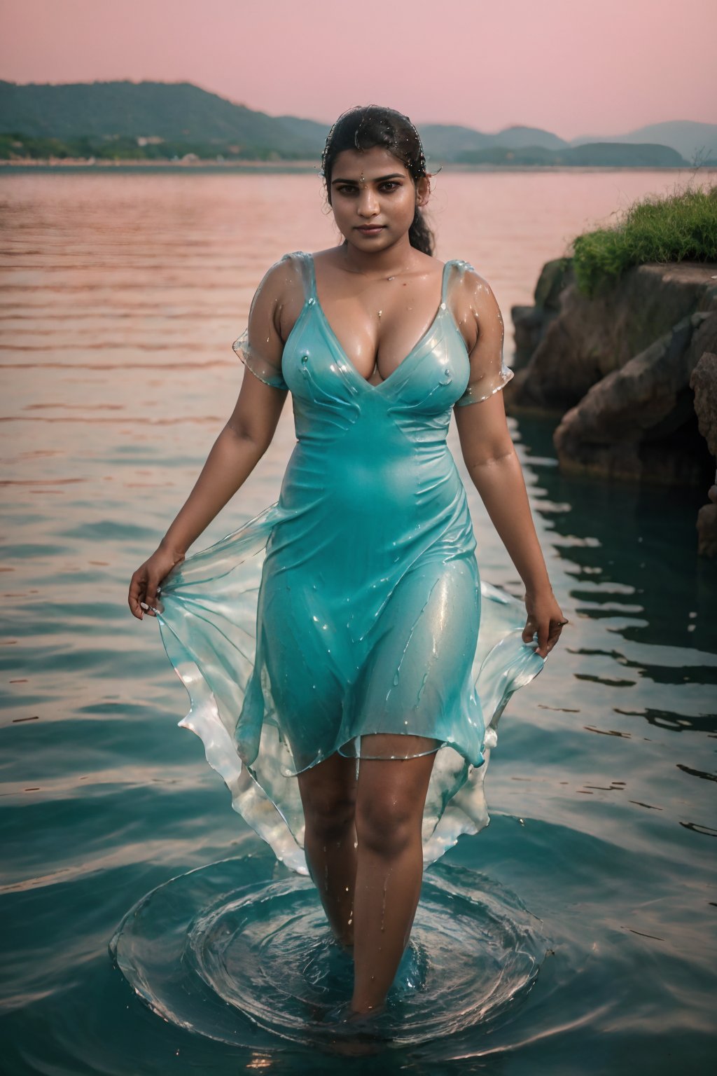 Beautiful Indian girls walking top of the sea, ((her dress is water)), she cover her body with water like a costume, look at camera, ((busty))0she floting on water, wearing a (transparent rippling water dress) in a Lake,, see-through, 8k, masterpiece, highly detailed, perfect eyes, perfect face, perfect body, stepping on water, cimematic, Realistic woman, she is queen of sea, Sony a7iii, aqua body, big Tide, she is so beautiful and sexy, centre of the ocean, ,water dress,28yo girl 