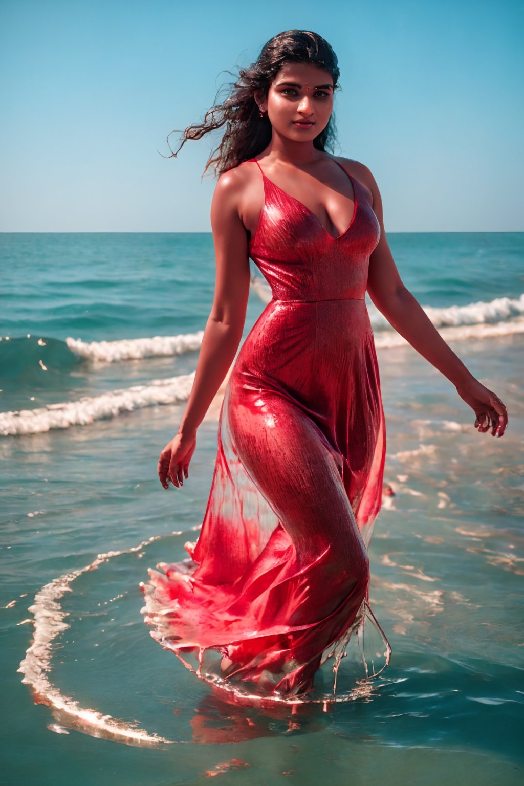 Beautiful Indian girls walking top of the sea, ((her dress is water)), she cover her body with water like a costume, she floting on water, perfect eyes, perfect face, perfect body, stepping on water, cimematic, Realistic woman, she is queen of sea, Sony a7iii, aqua body, big Tide, she is so beautiful and sexy, centre of the ocean, ,water dress