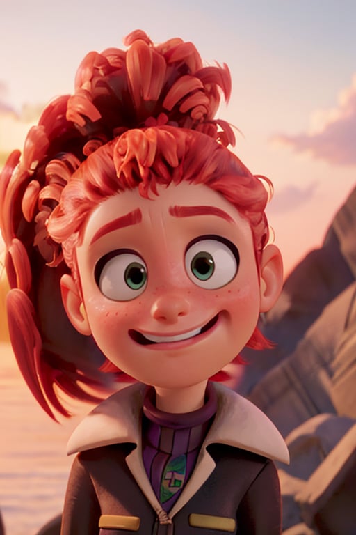 Tulip From Storks,bushy ponytail, portrait, 3d, catoon, pixar,happy expression, soft smile, closed mouth, close up, adult