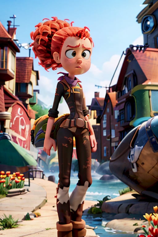 Tulip From Storks,bushy ponytail, full body, 3d, catoon, pixar, (((neutral expression))),closed mouth, close up, city,outdoors, standing,serious look,