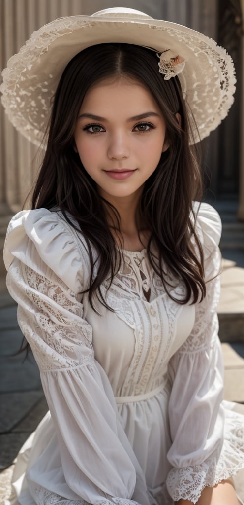 very cute and beautiful girl, frilled white dress with detailed lace, hands lifting skirt, highly detailed beautiful face and eyes, cowboy shot, smile, black hair, sitting on steps of the museum, best quality,masterpiece, intricate details, extremely detailed, highres, solo, cinematic lighting, dim light, dynamic angle, hair fluttering in the wind, 32k, ultra-detailed,