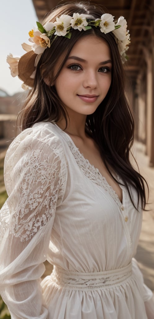 very cute and beautiful girl, frilled white sun dress with detailed lace, skirt lift, white panties, 
highly detailed beautiful face and eyes, cowboy shot, smile, black hair, flower crown, best quality,masterpiece, intricate details, extremely detailed, highres, solo, cinematic lighting, dim light, dynamic angle, hair fluttering in the wind, 32k, ultra-detailed,