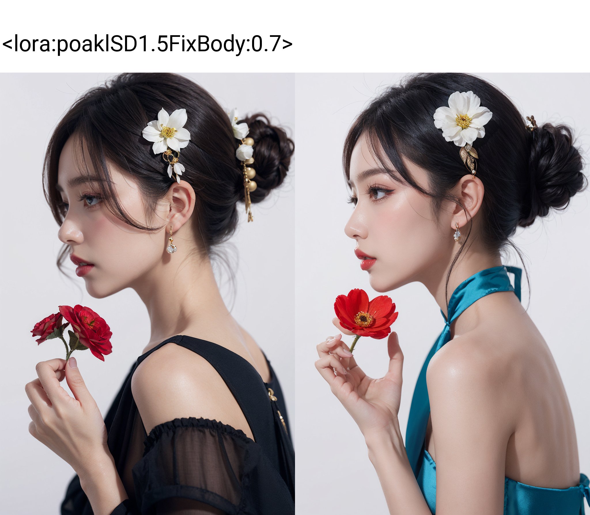1girl, solo, hair ornament, flower, hair flower, holding a flower, perfect hands, makeup, blue hair, eyelashes, dacing, white background, black hair, eyeshadow, lips, profile, parted lips, chinese clothes, red lips, bare shoulders, upper body, lipstick, simple background, ((poakl)), <lora:poaklSD1.5FixBody:0.7>, 