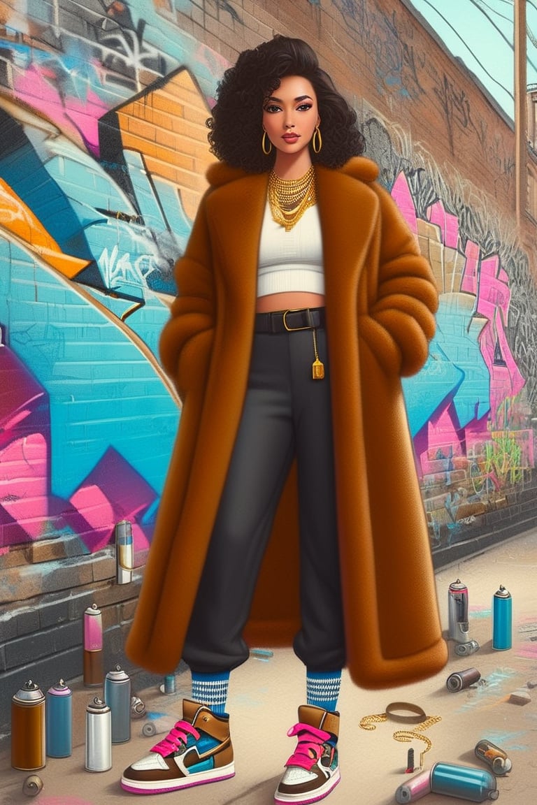 electricboogaloostyle, 1girl, big breasts, solo, gloves, long sleeves, jewelry, standing, full body, shoes, black gloves, socks, pants, necklace, coat, chain, sneakers, wall, brown coat, graffiti, spray can