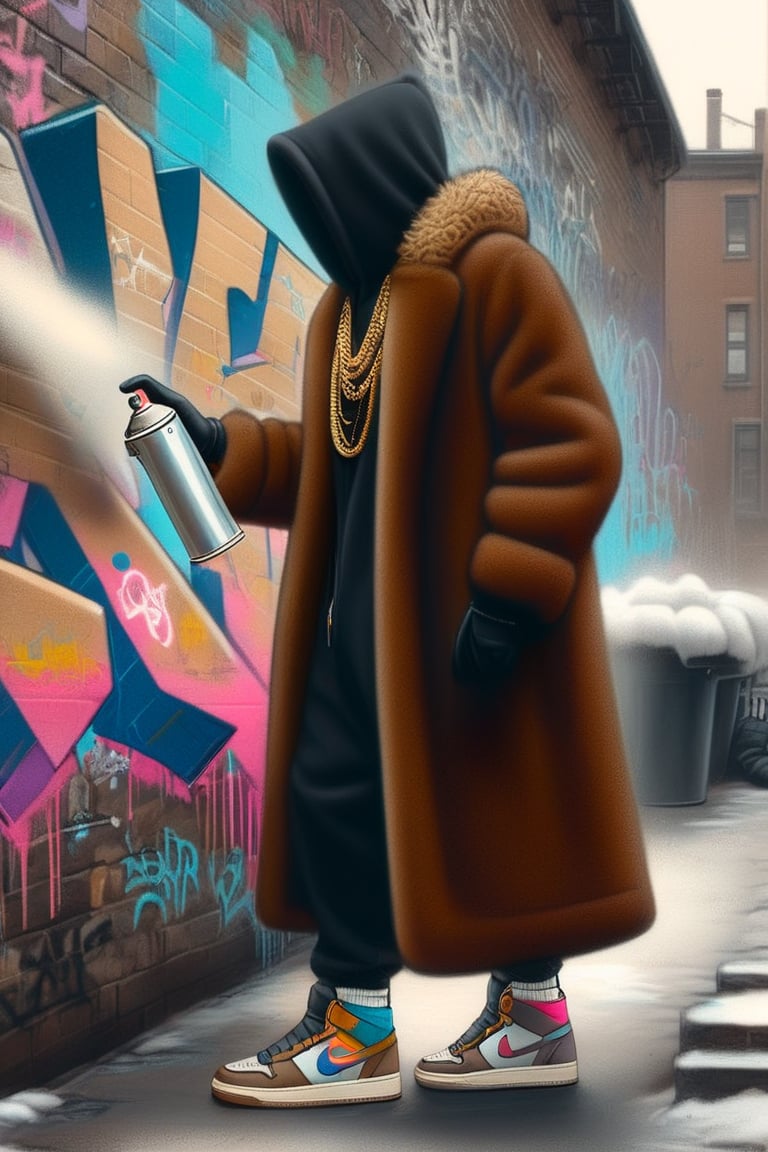 a spraycan in a fur coat electricboogaloostyle, no face, solo, gloves, long sleeves, holding, jewelry, standing, full body, shoes, black gloves, socks, pants, hood, necklace, coat, chain, sneakers, hood up, wall, brown coat, hooded coat, graffiti, spray can