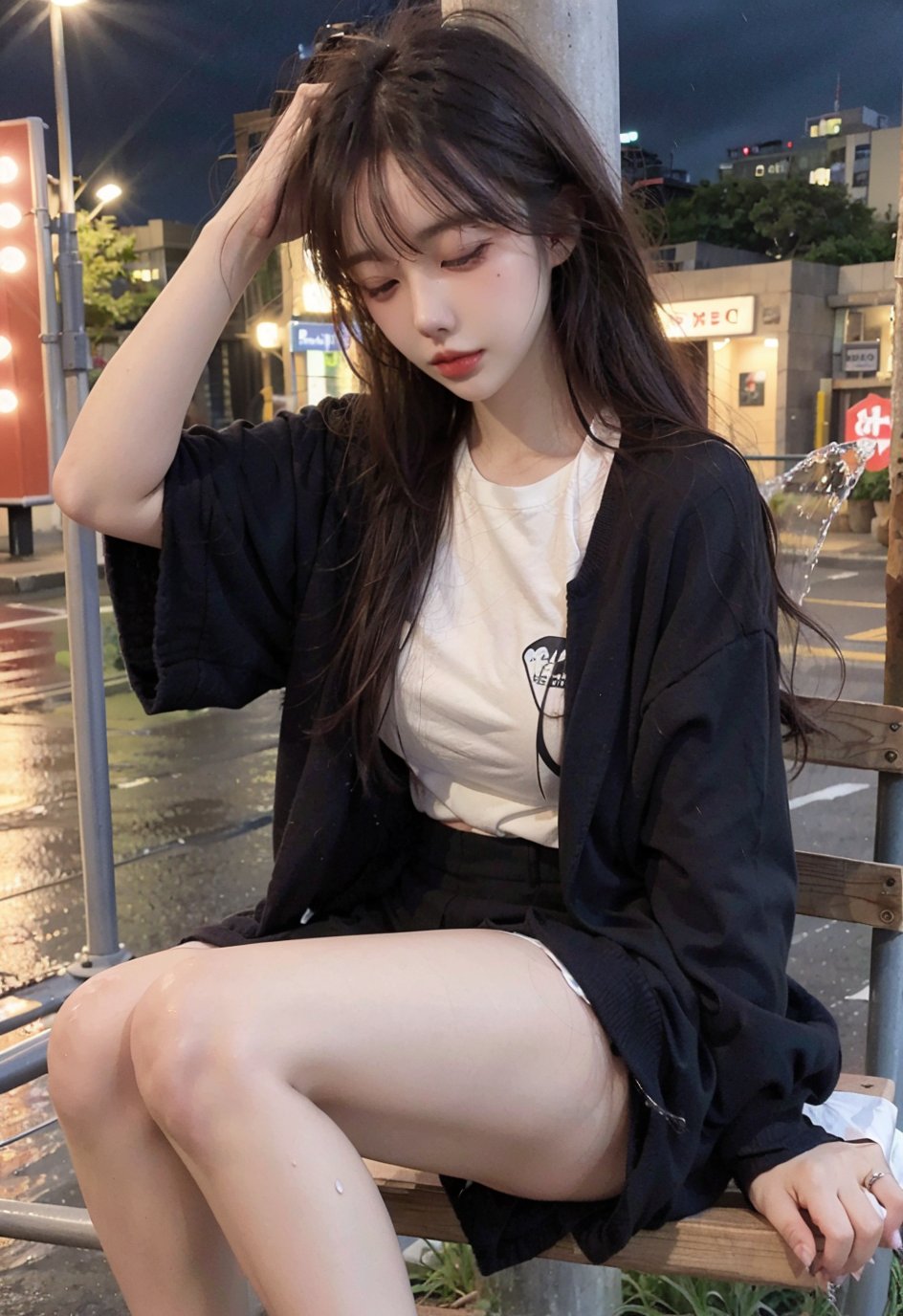 Sitting on a bench with one arm resting on the backrest, \nschool uniform, clothing, misfortune, looking down with disdain, underwear, low angle, on the streets of a city at night, rainy night, wet street, (wet clothes:1.1), wet hair, wet skin, perspective, neon, stream, falling rain, Disheveled hair, disheveled clothes, half-closed eyes, waiting, jessy.
