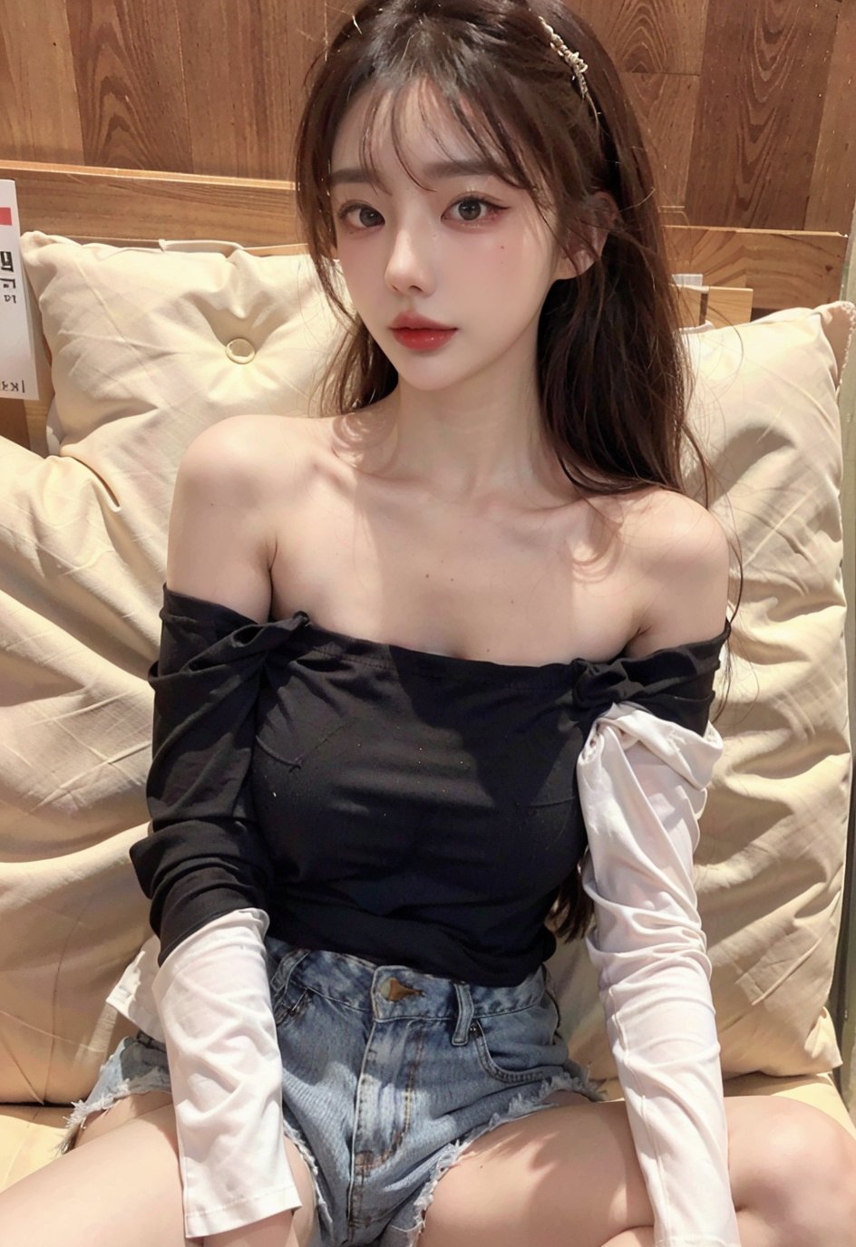 (Korean women), middle-aged women are tall and have enviable breasts. She has long, wavy brown hair, and her hair looks shiny and healthy.,1girl,{{{{{full-body}}}}},  ,(Full body),(Single photo),(Front view),1 girl, In the photo taken with a high-definition camera, she appears in a long shot. Her skin maintains a smooth and even skin tone with a white skin tone, ((Looking at viewer)), Casual, ((Cream long-sleeved compression offshoulder tee, jean shorts: 1.3)), Standing with legs apart. She is depicted in various poses while wearing luxurious jewellery. Her eyes are bright and vibrant, and her smiling face shows happiness and confidence. The appearance of the middle-aged woman depicted in this way is realistic and detailed, with beauty and elegance emphasized,Jessy