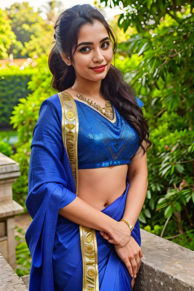 vibrant colors, girl, masterpiece, sharp focus, best quality, depth of field, cinematic lighting, dark hair, blue eyes, smile, dreamy look, outdoors, intricate royal saree (dark blue  chest armor and ornate intricate gold embroidery showing a lot of skin) , long hair tied in a side ponytail, twilight, from the wall of an Asian palace, forest, moss, trees, full body view.,1girl
