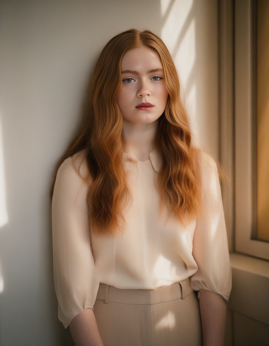 SadieSink, photograph, beefy Mediterranean Girl, Visually Stimulating Light hair, Romantic, volumetric lighting, film grain, Sony A9 II, 80mm, <lora:SadieSinkSDXL:1>