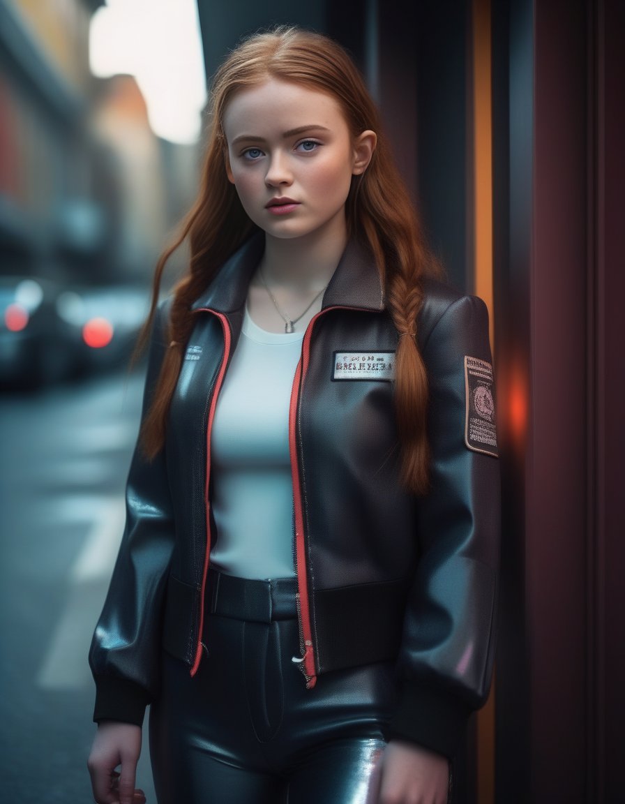 SadieSink,<lora:SadieSinkSDXL:1> (8k, RAW photo, best quality, masterpiece:1.2), (realistic, photo-realistic:1.37), ultra highres, depth of field, chromatic aberration, caustics, Broad lighting, natural shading,Fujifilm XT3,ultra detailed,cyberpunk uniform,1girl, solo,standing, looking at viewer, outdoors,street