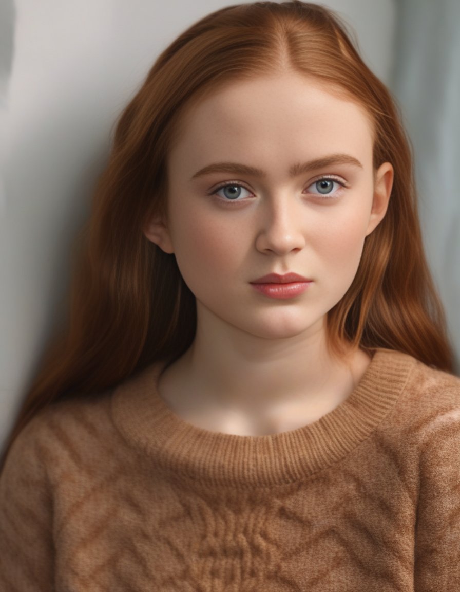 SadieSink,<lora:SadieSinkSDXL:1>,masterpiece,beautiful,extremely detailed,(ultra high res),(8k UHD best quality), (realistic, photo-realistic:1.37), depth_of,field, blurry_background, photo_inset,Dramatic lighting,reference_inset,photo_background,brown_eyes,photorealistic,looking_at_viewer,1girl,shiny skin,detailed skin,(((sweater)))