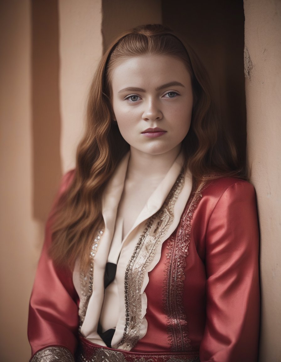 SadieSink, photograph, Secret Burundian Female, wearing Albanian Mexican charro suit, inside a Satin Portal, deep focus, natural lighting, film grain, Sony A9 II, Depth of field 270mm, <lora:SadieSinkSDXL:1>