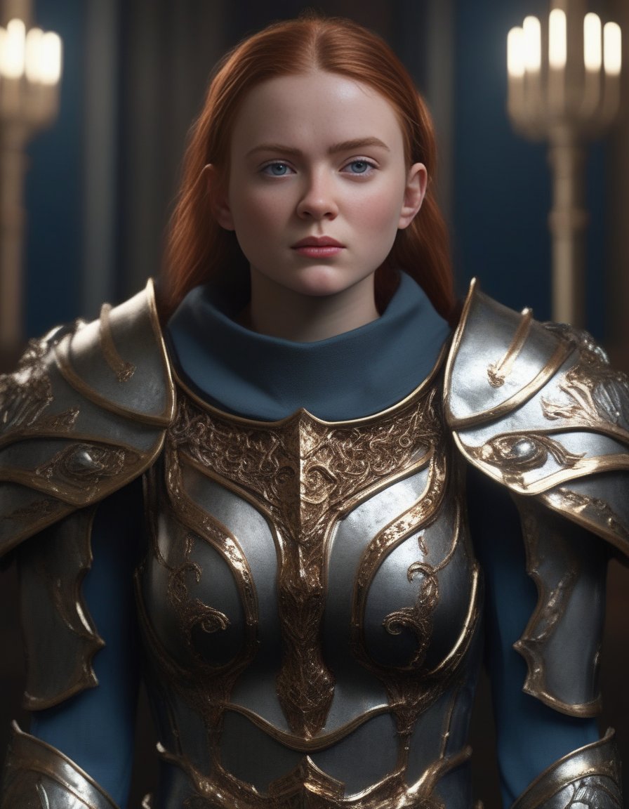 SadieSink,<lora:SadieSinkSDXL:1>,portrait,female, intricate detail of face and body plated armor with a sword made out from the berserk by greg rutkowski; digital art trending on ArtStation/FantasyArt wallpink bright lighting anatomically correct high quality realistic 3D render 4k UHD image behance hd dramatic cinematic lightning-lighting unreal engine very atmospheric matte painting concept design volumetric shadows octane rendered in mayf depth shading ultra realism 8K resolution deviantart detailed hyperrealistic photorealism photo real life full HD photography super ornate glowing rich colors dark moody atmosphere futuristic horror style