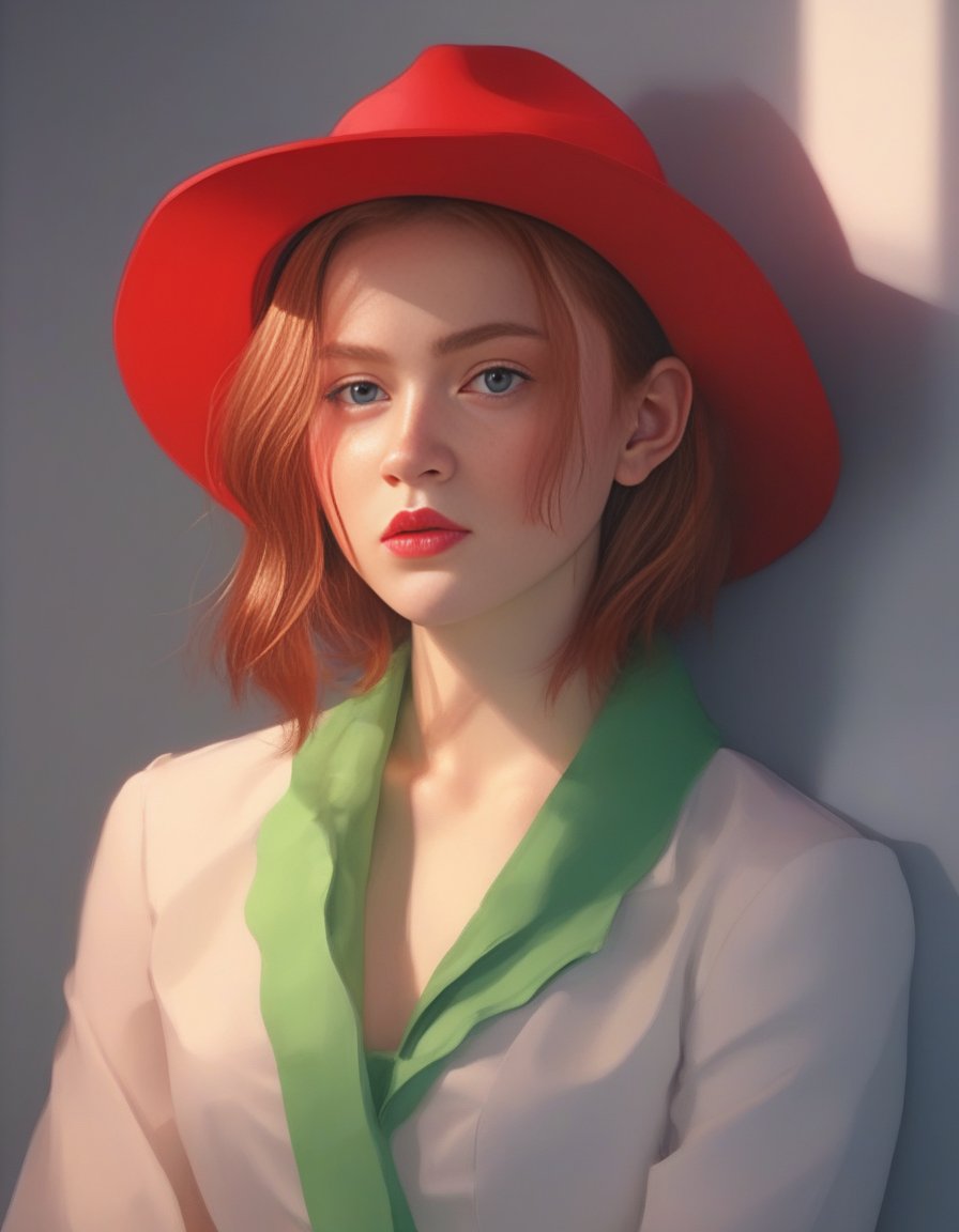 <lora:SadieSinkSDXL:1>,SadieSink,Kodak portrait. by wlop, ilya kuvshinov, krenz cushart, greg rutkowski, trending on pixiv. zbrush sculpt, octane, maya, houdini, vfx. beautiful woman wearing hat green, red and white, degaje . digital painting. line art fighter, cinematic dramatic atmosphere, sharp focus, volumetric lighting. blue ayes