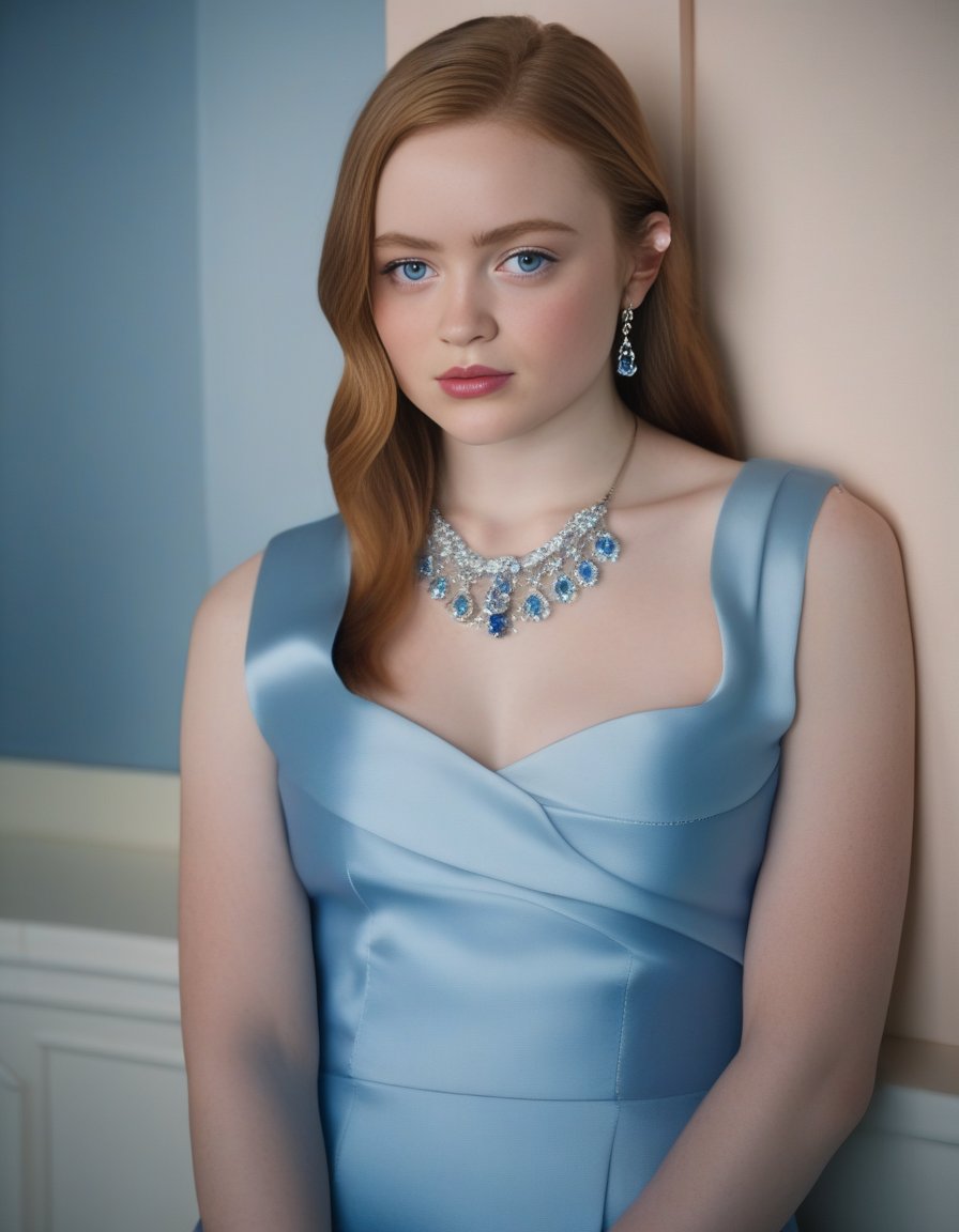 SadieSink,<lora:SadieSinkSDXL:1>,Realistic photo of a beautiful woman, 1girl, solo, long hair, breasts, blue eyes, blonde hair, dress, jewelry, upper body, indoors, bracelet, lips, looking to the side, window, blue dress, realistic, soft lighting, professional Photography, Photorealistic, detailed, RAW, analog, sharp focus, 8k, HD, DSLR, high quality, Fujifilm XT3, film grain, award winning