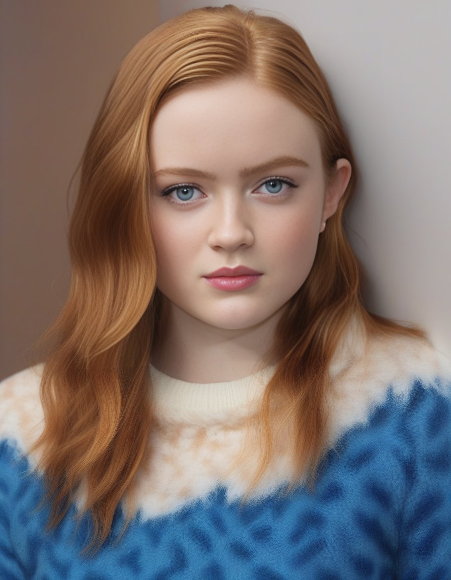 SadieSink,<lora:SadieSinkSDXL:1>(masterpiece:1.1), (ultra hi res:1.2), picture of a woman, (fur sweater), only latex pants, (blue) eyes, perfect eyes, blond hair, short hair, high quality, highly detailed, (Sharpdetail:1.3), (PhotoGrain:1.5), photorealism, hyperrealism, realistic, real, natural color, warm tone