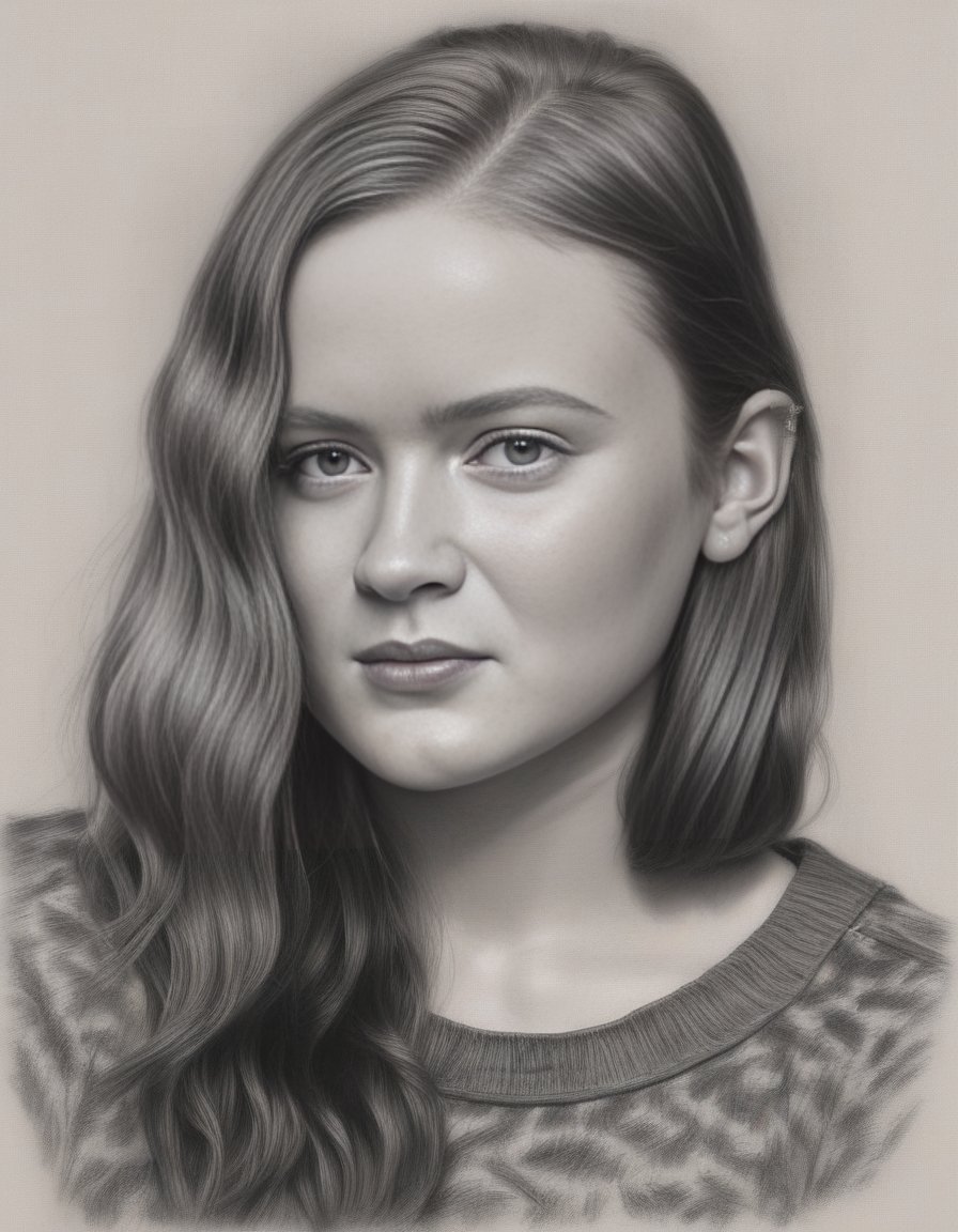 SadieSink,<lora:SadieSinkSDXL:1>, sketching on ivory paper with charcoal pencil, in the style of realistic hyper-detailed portraits, digital airbrushing, monochrome , commission for, i can't believe how beautiful this is