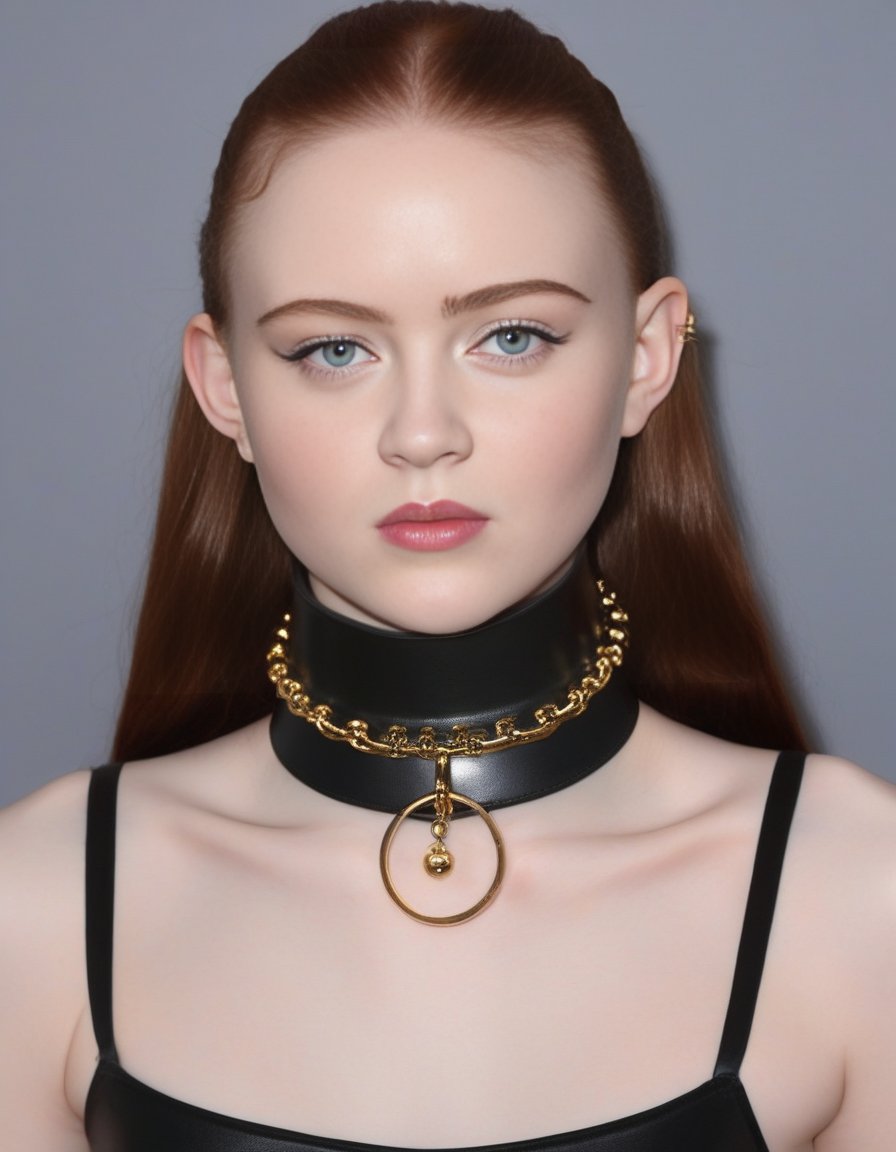 SadieSink,<lora:SadieSinkSDXL:1>, a woman in a black leather dress with a choker, wearing steel collar, slave collar, choker, wearing detailed leather collar, black leather choker, choker on neck, wearing choker, choker around neck, wearing black choker, wearing collar, wearing gold detailed choker, wearing collar on neck, collar on neck, piercings collar, steel choker