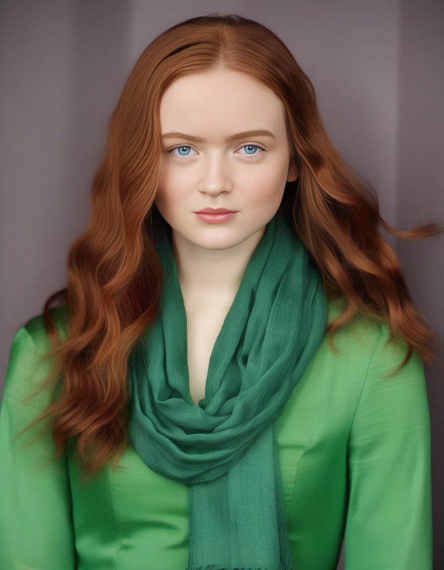 SadieSink,<lora:SadieSinkSDXL:1>The image features a stunningly beautiful young   woman with long, curly hair and bright blue eyes. She is wearing a green dress and a scarf, giving her a stylish and elegant appearance. The woman is looking at the camera, capturing her attention and making the viewer feel as if they are looking into her eyes. The overall scene is visually appealing and showcases the woman's beauty and grace.