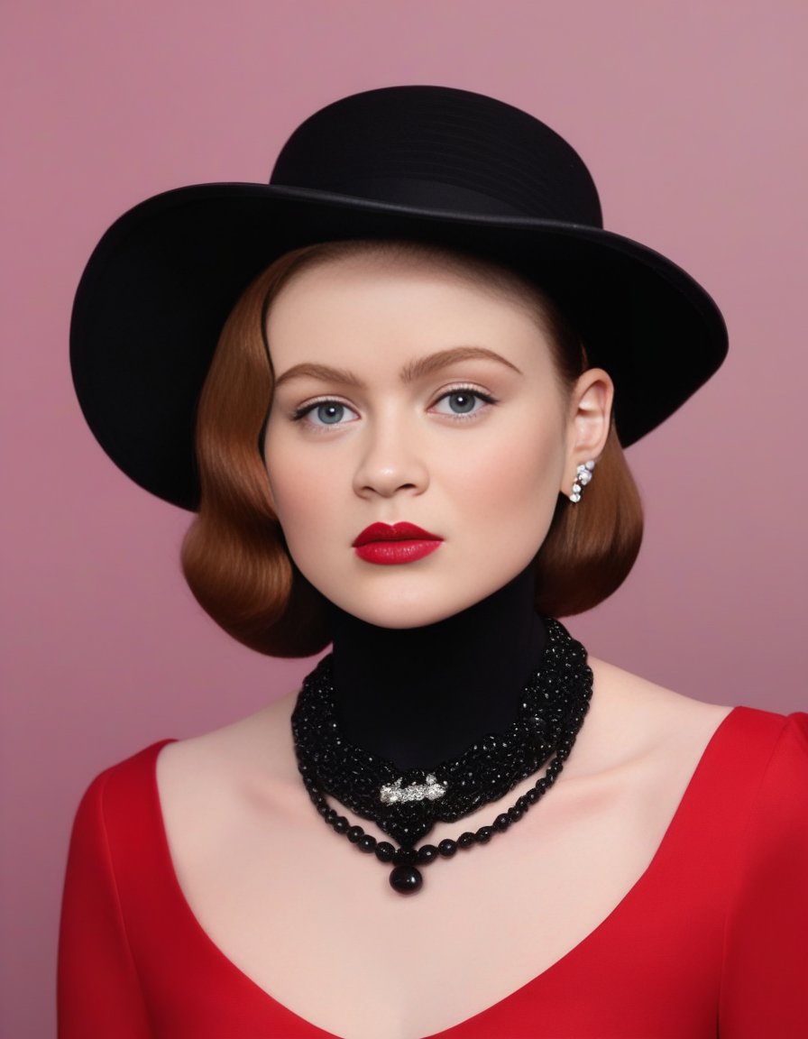 SadieSink,<lora:SadieSinkSDXL:1>The image features a woman wearing a black hat, a black dress, and a pearl necklace. She is posing for a picture, and her lips are painted red. The woman is also wearing a black glove, which adds to her elegant and stylish appearance. The combination of her outfit, makeup, and accessories creates a sophisticated and timeless look. (controlnet_mode:canny sdxlYamersRealism2, sdxl-1. 0. 0. 9. safetensors, SeargeSDXL4. 2-Llama2 prompt)