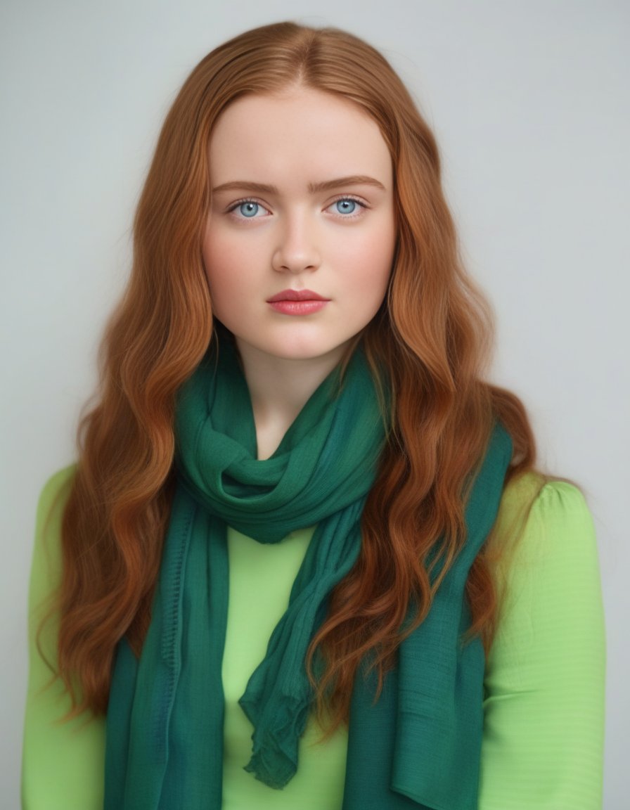 SadieSink,<lora:SadieSinkSDXL:1>The image features a stunningly beautiful young   woman with long, curly hair and bright blue eyes. She is wearing a green dress and a scarf, giving her a stylish and elegant appearance. The woman is looking at the camera, capturing her attention and making the viewer feel as if they are looking into her eyes. The overall scene is visually appealing and showcases the woman's beauty and grace.