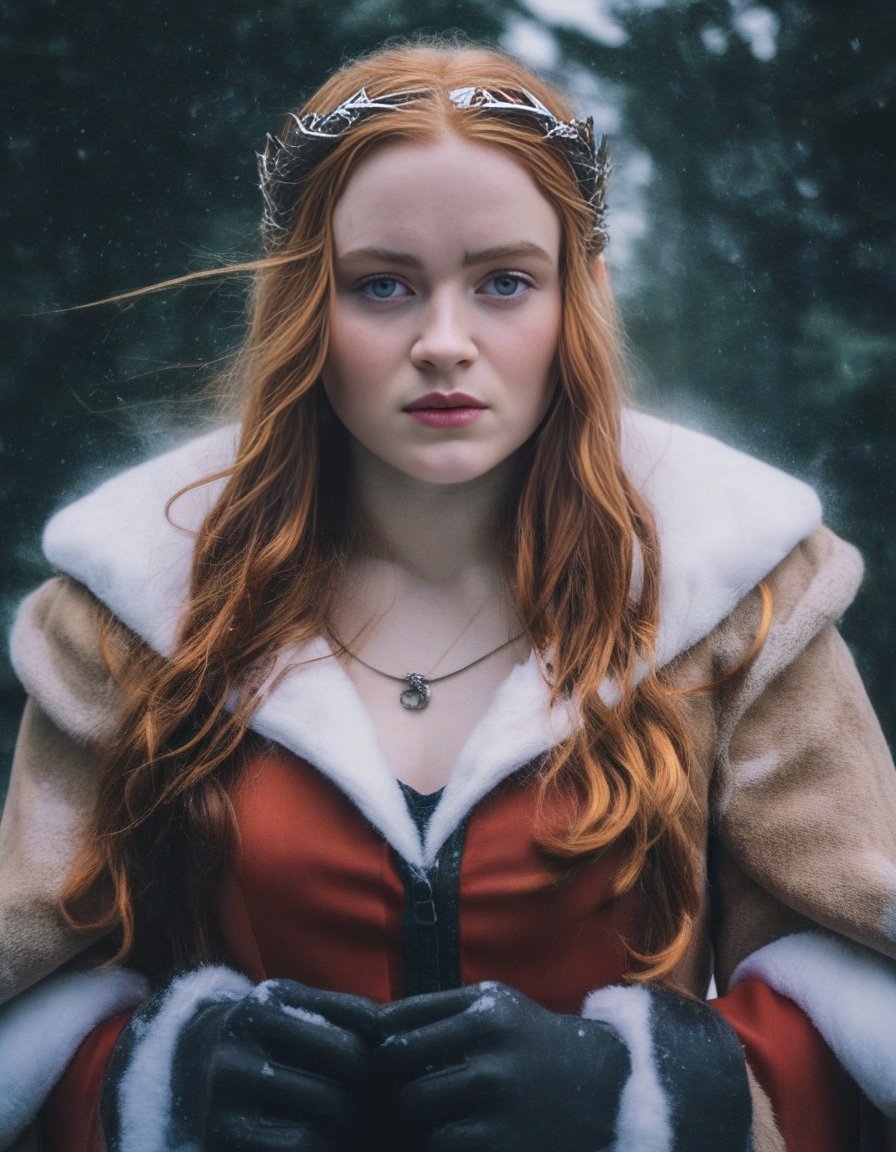 SadieSink,<lora:SadieSinkSDXL:1> photograph, Compelling athletic Female cosplaying as Freyja, Snowing, Iphone X, Low shutter