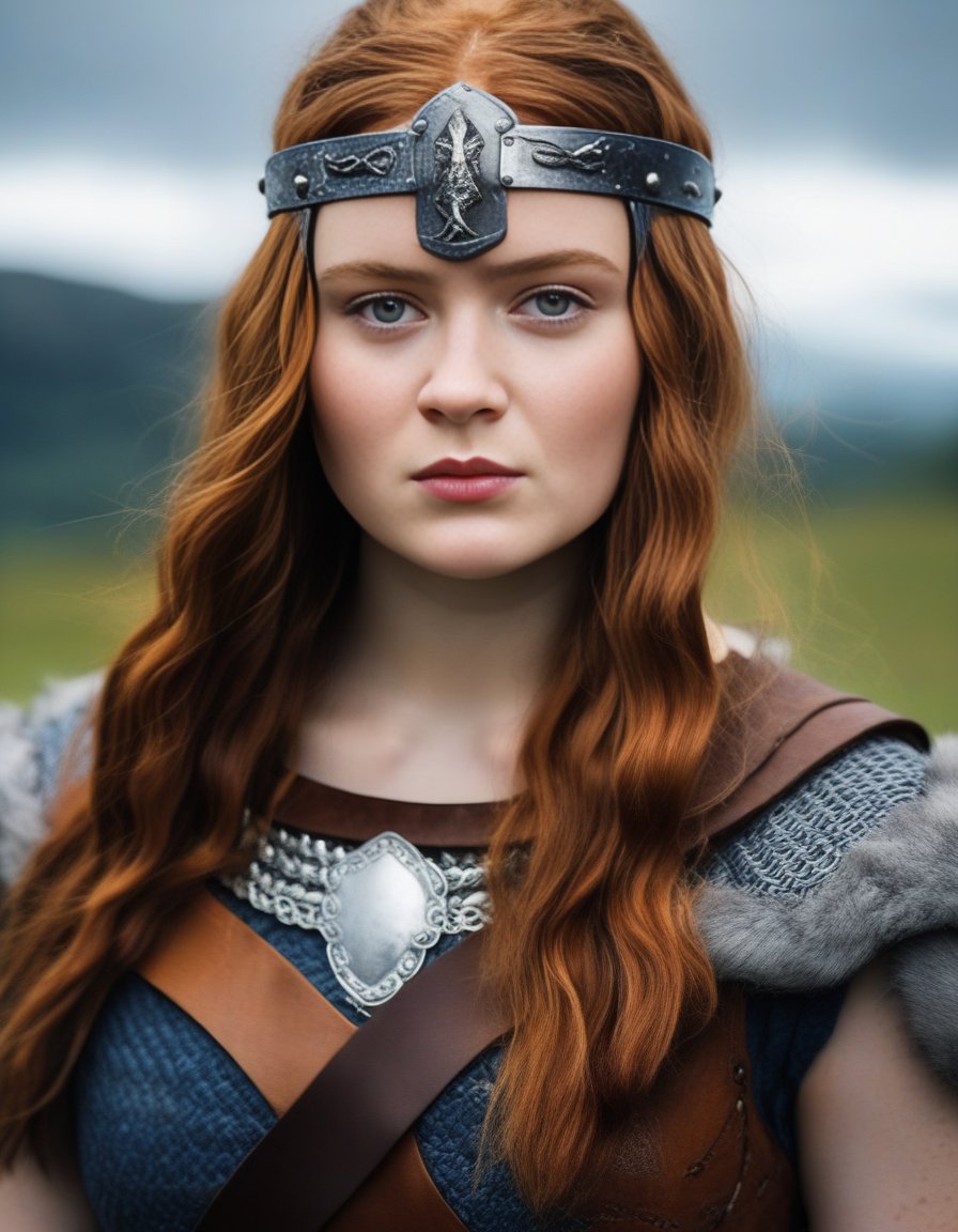 SadieSink,<lora:SadieSinkSDXL:1>,photo of a gorgeous woman), (professional photography), (scenic background), ((as a viking warrior woman)), ((close-up)), masterpiece, best quality, (eye contact), (looking at the viewer), centred, (shot from front), blurred_background, proportional