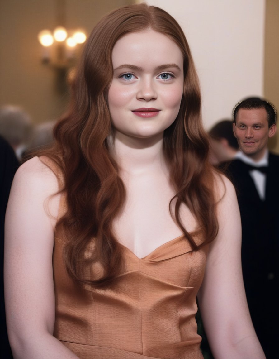 SadieSink,<lora:SadieSinkSDXL:1>,age 30, film grain, movie scene snapshot, long brown hair, wearing gala dinner dress, upper body, close up, waving goodbye, looking at viewer, front facing camera, motion blur, depth of field, exceptional detail