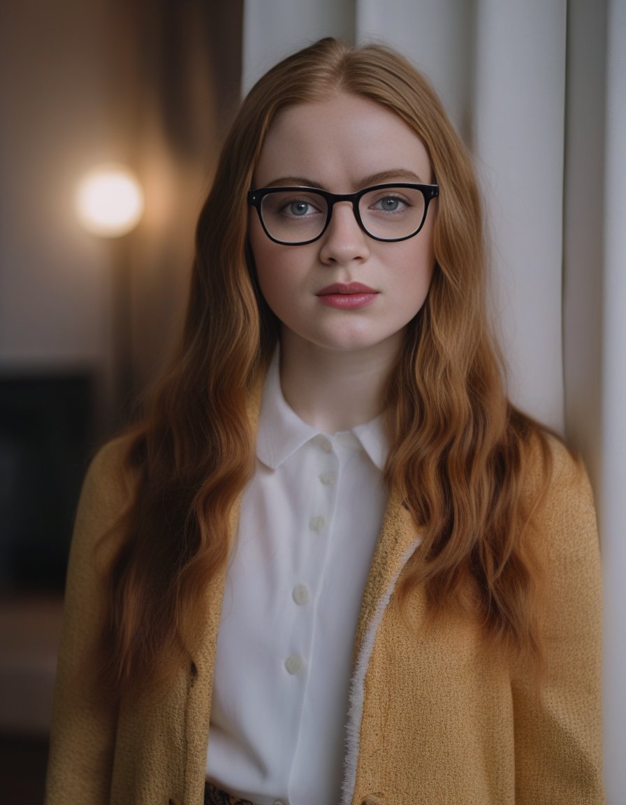 <lora:SadieSinkSDXL:1>,RAW photo, as SadieSink wearing glasses, 8k uhd, dslr, soft lighting, high quality, film grain, Fujifilm XT3