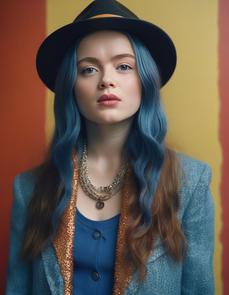 SadieSink,<lora:SadieSinkSDXL:1>,Realistic photo of a beautiful woman, 1girl, solo, long hair, hat, jewelry, blue hair, jacket, multicolored hair, necklace, bracelet, lips, realistic, fashion, soft lighting, professional Photography, Photorealistic, detailed, RAW, analog, sharp focus, 8k, HD, DSLR, high quality, Fujifilm XT3, film grain, award winning, masterpiece