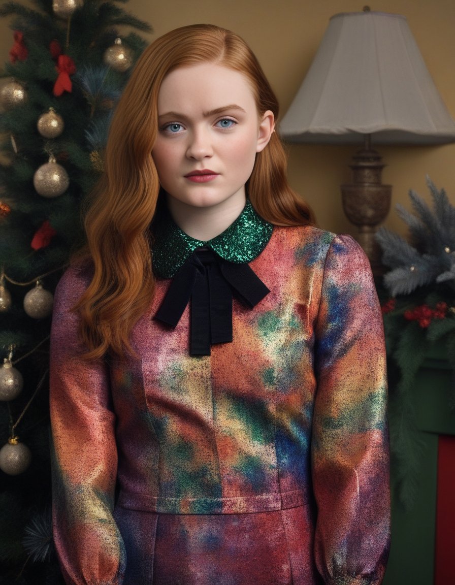 SadieSink,<lora:SadieSinkSDXL:1>(masterpiece:1.1), (ultra hi res:1.2), (full body) picture of a woman, full of color christmas dress, high quality, highly detailed, (Sharpdetail:1.3), (PhotoGrain:1.5), photorealism, hyperrealism, realistic, real, natural color, cold tone <lora:SDXL1.0_Essenz-series-by-AI_Characters_Style_HighQualityHeavilyPostProcessedPhotography-v1.1-'Hal':1> <lora:add-detail-xl:1>