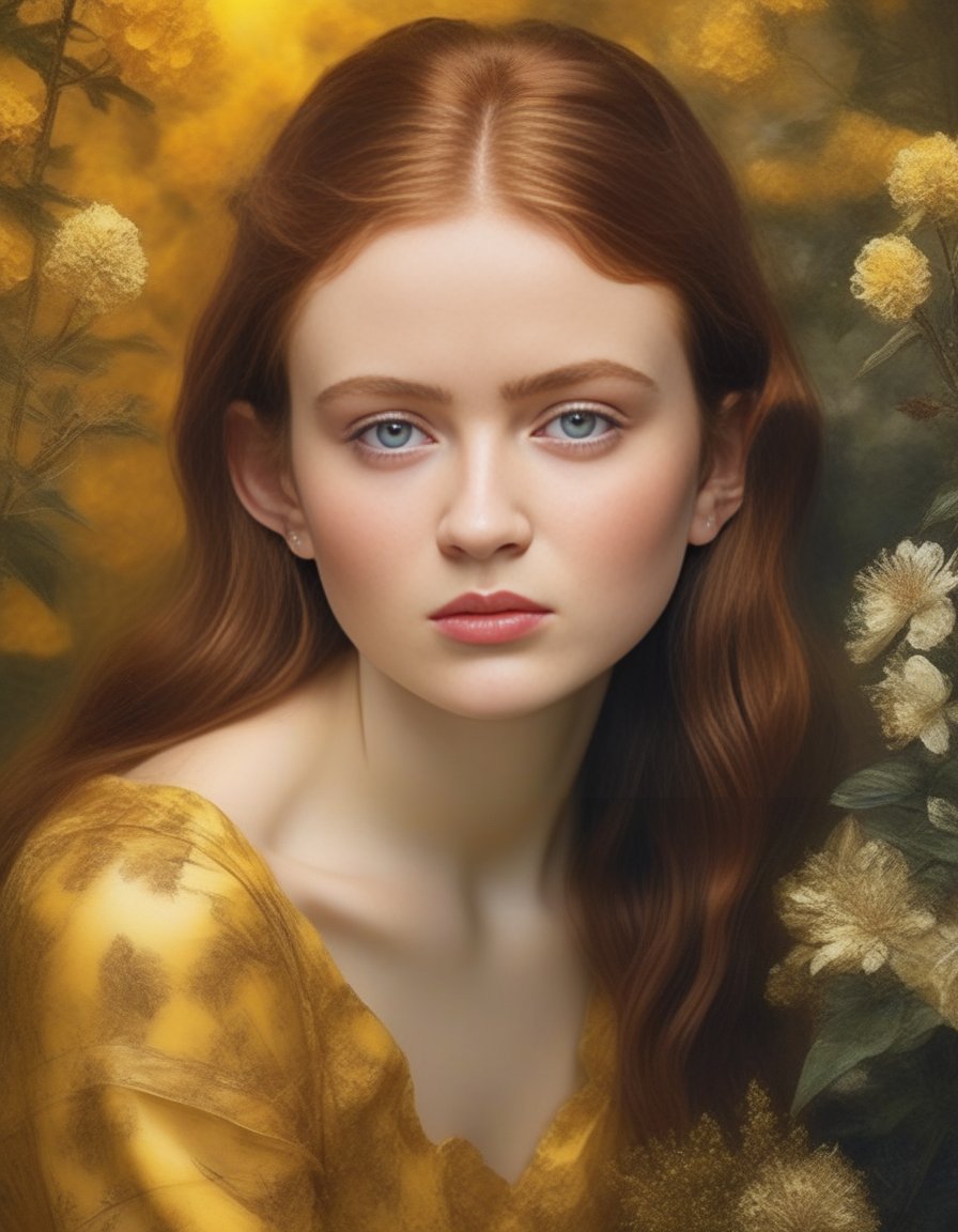 SadieSink,<lora:SadieSinkSDXL:1>Girl with beautiful sad eyes on the background of flowering garden. earthy tone and yellow colors (glamour by Dior). Hyperrealistic, real, art, photography, realistic, masterpieces, high quality, best quality, official art, beautiful, aesthetic, highly detailed, intricate, sharp focus, digital art, [style by Luis Royo and Fabian Perez], fine charcoal , pencil sketch, stencil layered resin, 16k, UHD, HDR, (Masterpiece: 1. 5), (best quality: 1. 5)