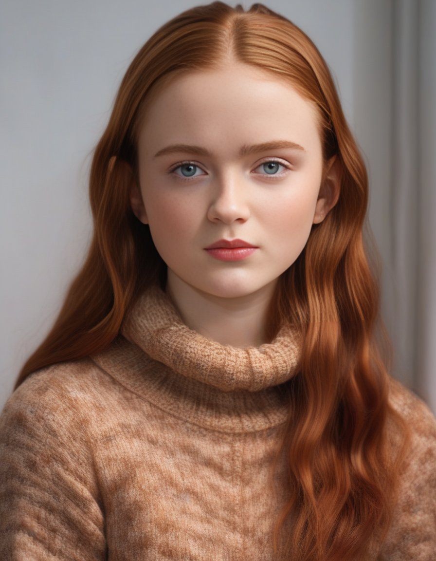 SadieSink,<lora:SadieSinkSDXL:1>,masterpiece,beautiful,extremely detailed,(ultra high res),(8k UHD best quality), (realistic, photo-realistic:1.37), depth_of,field, blurry_background, photo_inset,Dramatic lighting,reference_inset,photo_background,brown_eyes,photorealistic,looking_at_viewer,1girl,shiny skin,detailed skin,(((sweater)))