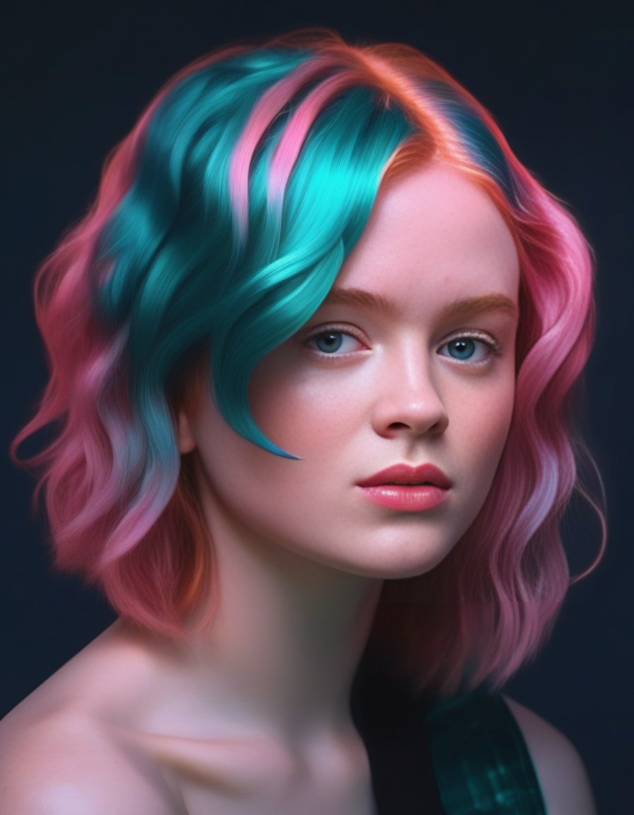 SadieSink,<lora:SadieSinkSDXL:1>close up of a girl with pink hair, sitting in a bright light with a neon lamp, in the style of digital painting, marine biology-inspired, elegant, emotive face, aurorapunk, dark black and teal, whirly, asymmetric balance, high quality