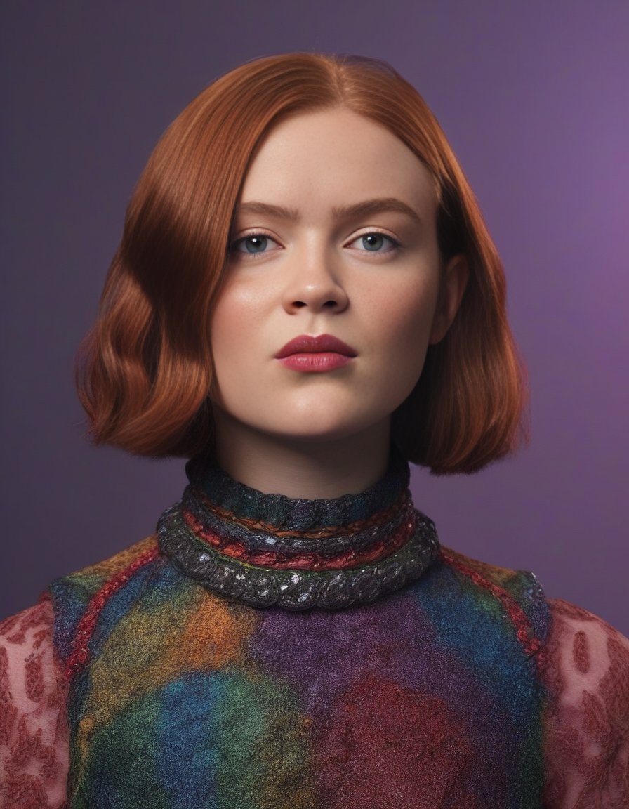 SadieSink, portrait,close up of a Monstrous tall Female, behance, Nonchalant Short bob hairstyle, Folk Art, short lighting, dark rainbow hue, <lora:SadieSinkSDXL:1>