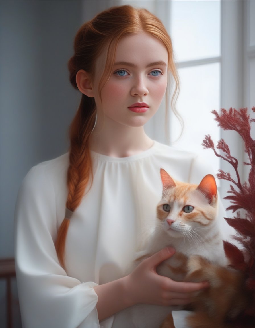 SadieSink,<lora:SadieSinkSDXL:1>,5> as a beautiful woman with blonde hair and red eyes in a long dress on the beach wearing a white dress holding a cat; she is drinking tea, oil painting, 4k, 8k resolution, trending on artstation, highly detailed, masterpiece, super wide-shot, by Ilya Kuvshinov and William-Adolphe Bouguereau and Greg Rutkowski and John" Award winning-winning, symmetrical, magical, otherworldly, surreal, fantasy, intricate, richly decorated with traditional chinese patterns, digital art, beautiful face, realistic shaded lighting, mystical, dramatic lighting, sharp focus, smooth details, blur, hd quality, 4k resolution, artstationHD, deviantart, behance, trending on artstation, intricatestals, dreamscape, matte painting, mystical background, dramatic, elegant, dark background, fantasy character