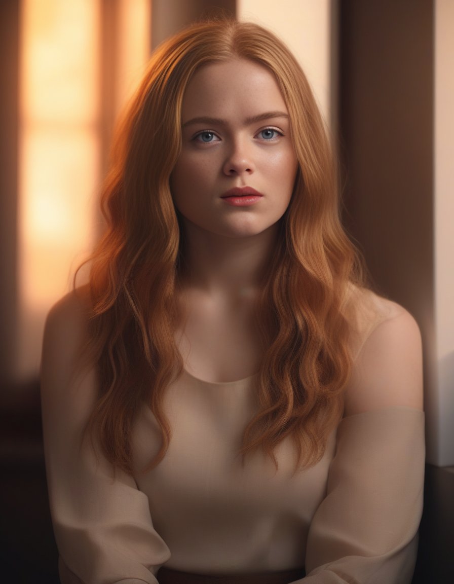 SadieSink,<lora:SadieSinkSDXL:1>,portrait,female,dramatic lighting::2&4k-digital painting of a beautiful blonde woman in her 30s with brown eyes and long wavy hair sitting on top atstation concept art smooth illustration highlights from the windows ::8K octane render. Trending cgsociety by James Gurney + Artgerm; wayne reynolds comic book style hyperrealism alphonse much detail character portrait photo shoot nikon dassen Kopermann & Dune sci fi dramatic cinematic lightning cute adorable moody sunset light professional boke details painterly 3/5 shot