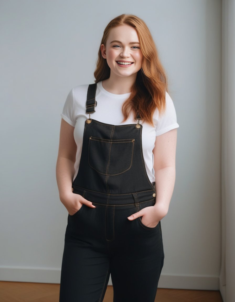 SadieSink,<lora:SadieSinkSDXL:1>, a curvy athletic woman in black overalls is smiling and taking a selfie, white t-shirt, streak in hair, 8k uhd, dslr, soft lighting, high quality, film grain, Fujifilm XT3