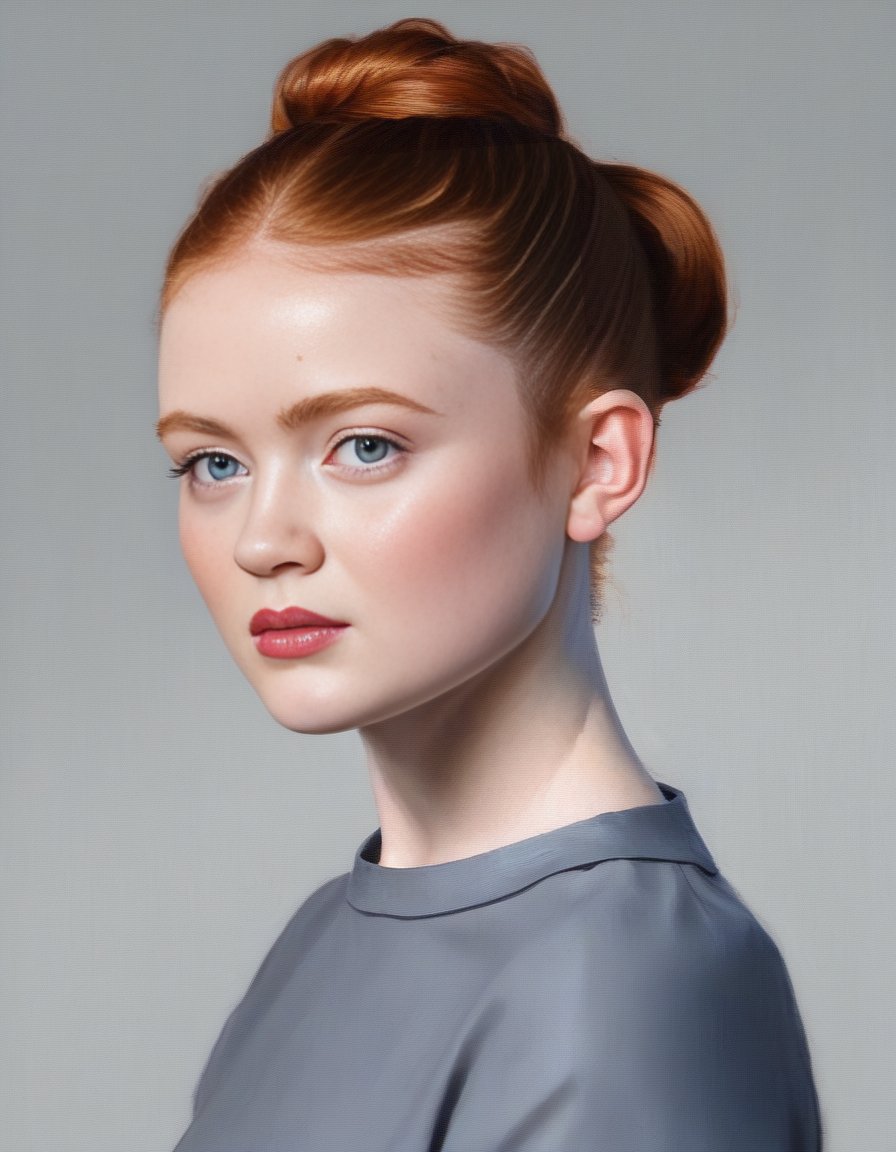 SadieSink, (art by Kubisi Art:0.7) , (art by Tom McGuinness:0.9) , [portrait,close up of a Scandinavian Girl, Directing a TV show, Masculine Pose, Vile hair styled as Chignon, Hopeful, L USM::8], <lora:SadieSinkSDXL:1>