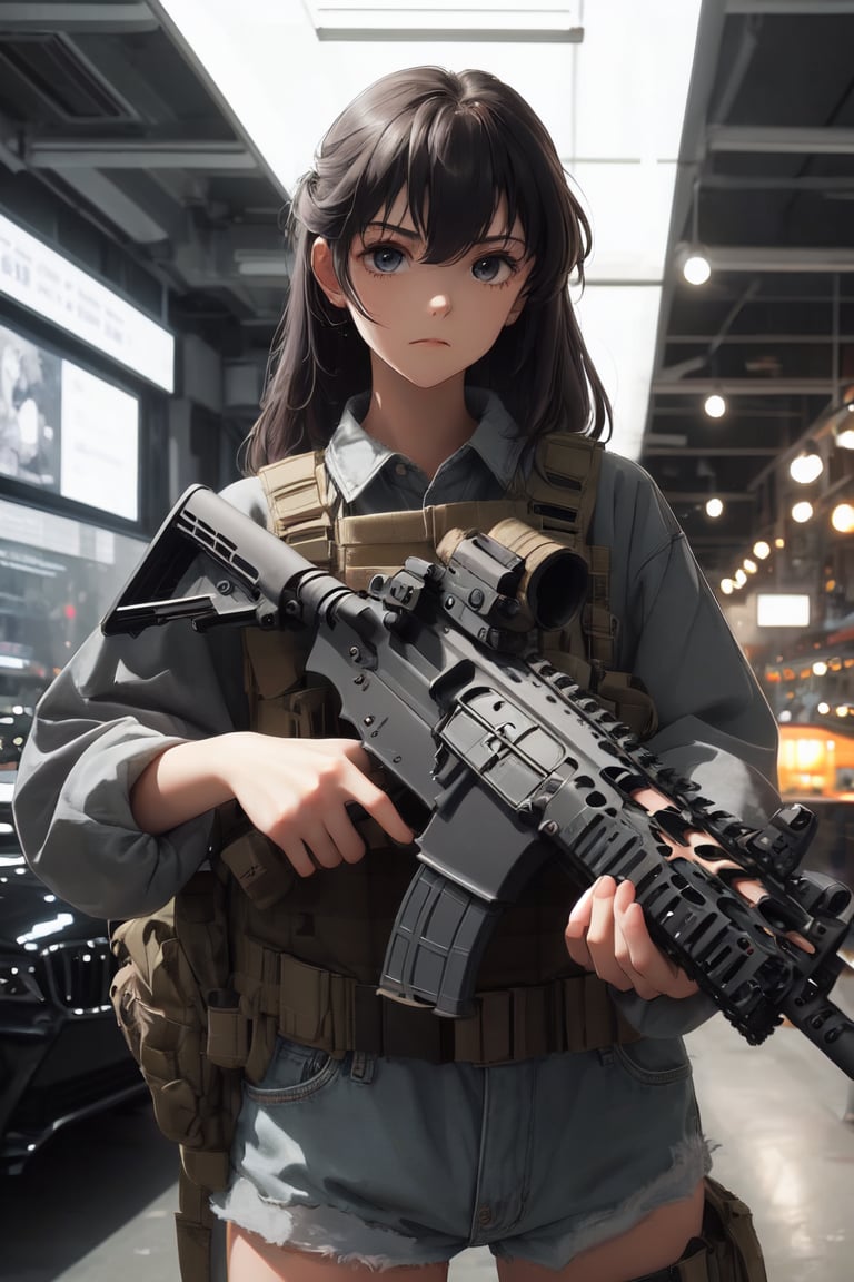 1girl,night, melancholic,Holding an assault rifle ,Assault rifle, perfect hands, perfect fingers