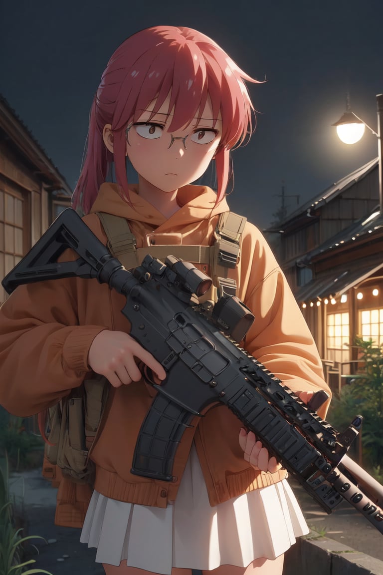 1girl,night, melancholic,Holding an assault rifle ,Assault rifle, perfect hands, perfect fingers,kobayashi