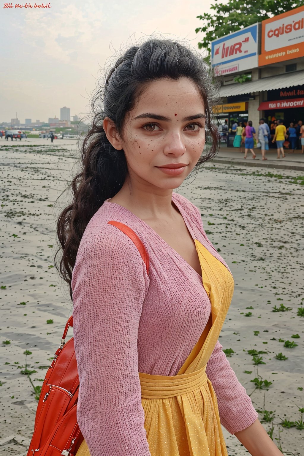 25yo girls walking on road, Crowd city, girls walking, crowd city, car, KSRTC Bus:0.8, busy city, color full dress, vibrant colours dresses, 
Create an realistic concept centered, timeless beauty. Her expressive eyes are windows to a world of emotion, her captivating smile leaves an indelible mark, and her flowing hair is a visual poetry. Explore how her gentle touch creates an aura that infuses every shared moment with a sense of destiny and magic. Develop the storyline, characters, and the world in which this enchanting girl exists,Realism, Mallugirl, Thrissur, Very crowded ,20 year old girl,18 year old girl,tall woman with yellow eyes,Details mallu girl ,Alien species with face glow skin spot