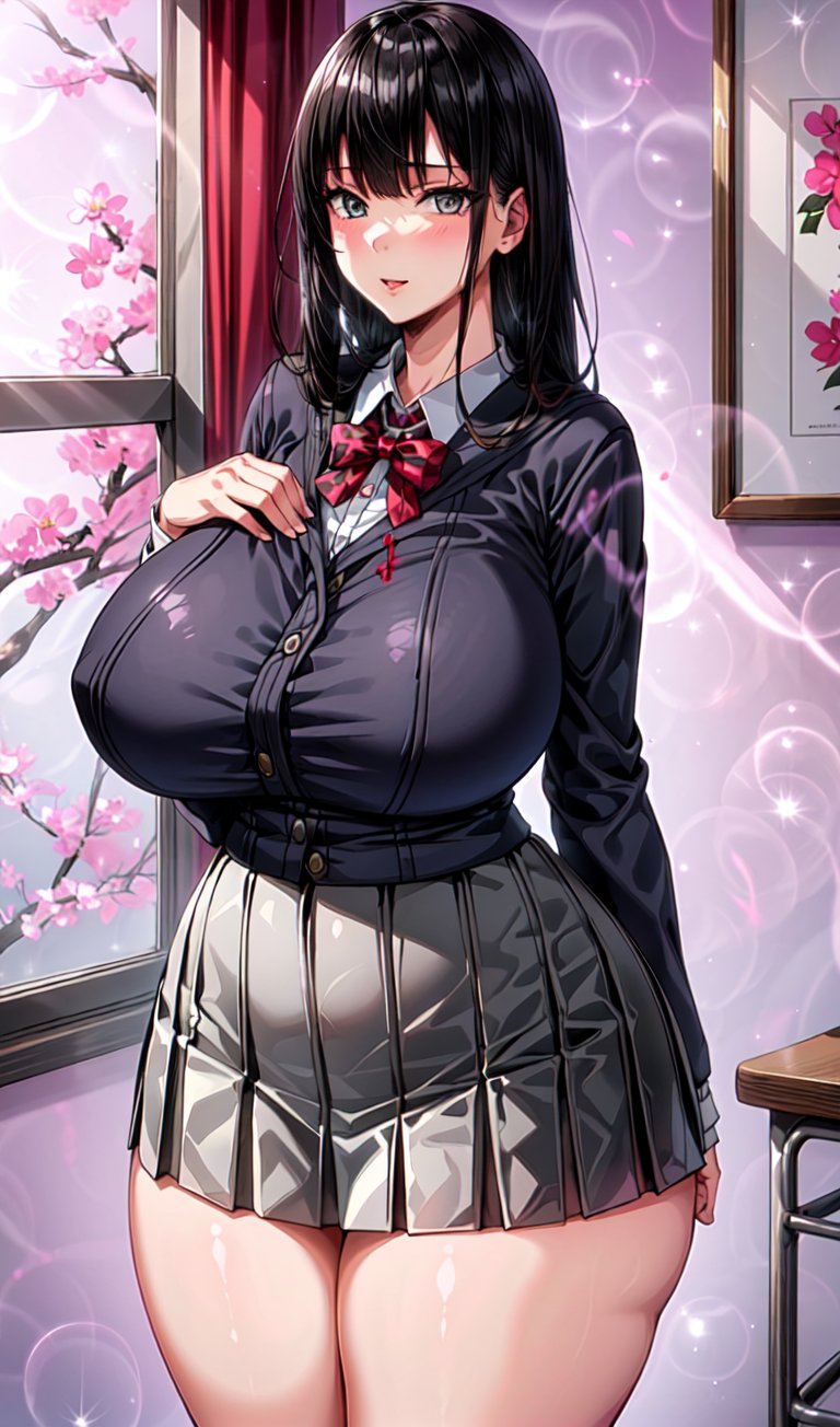 best quality, masterpiece, 1girl, (solo:1.1), ultra detailed,detailed face, wide hips, , 1girl, black hair,long hair,blut bangs, gray eyes, huge breasts, bangs,full_body,wide_hips,room,school_uniform,skirt,jacket